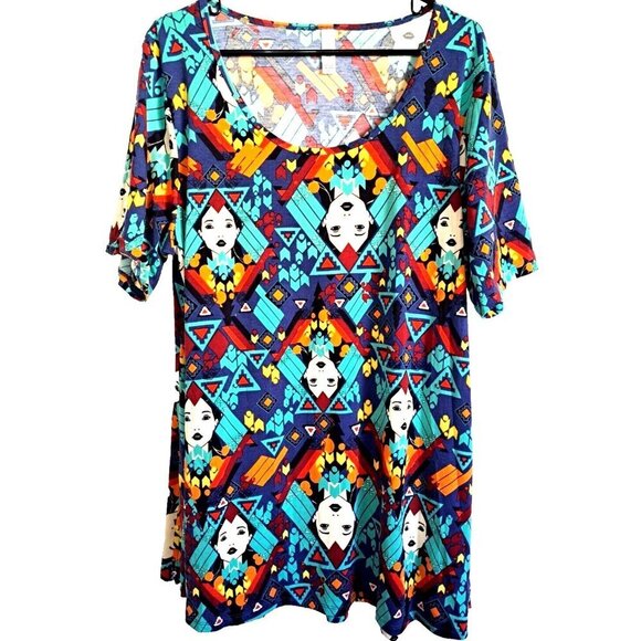LuLaRoe Women's 2XL Multicolor Short Sleeve Tunic Faces and Geometric Shapes - Picture 1 of 6